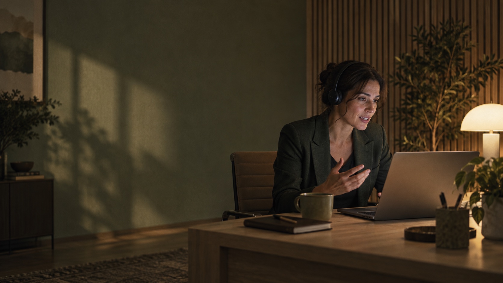 A revenue lead on a video call at a desk at the end of the day.
