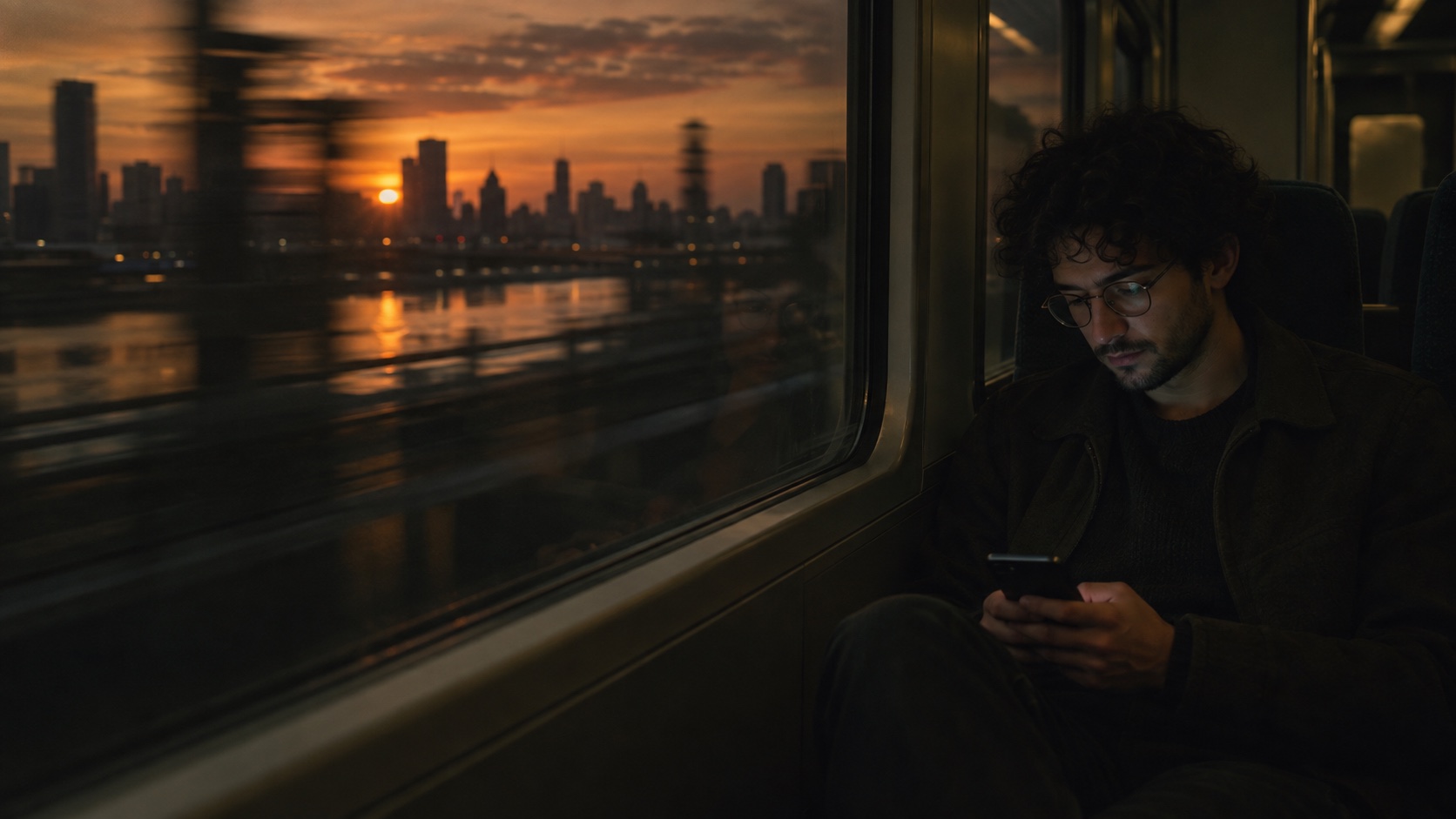 An operator reviewing work from a train at dusk.